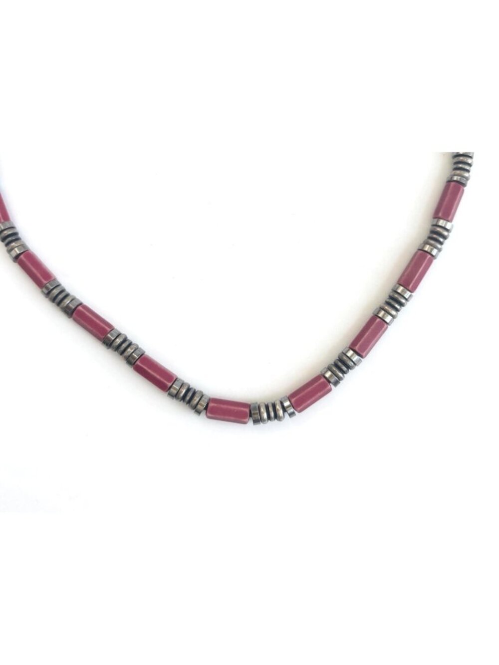 Beaded Red & Silver Toned Vintage Unisex Choker Necklace - 19"